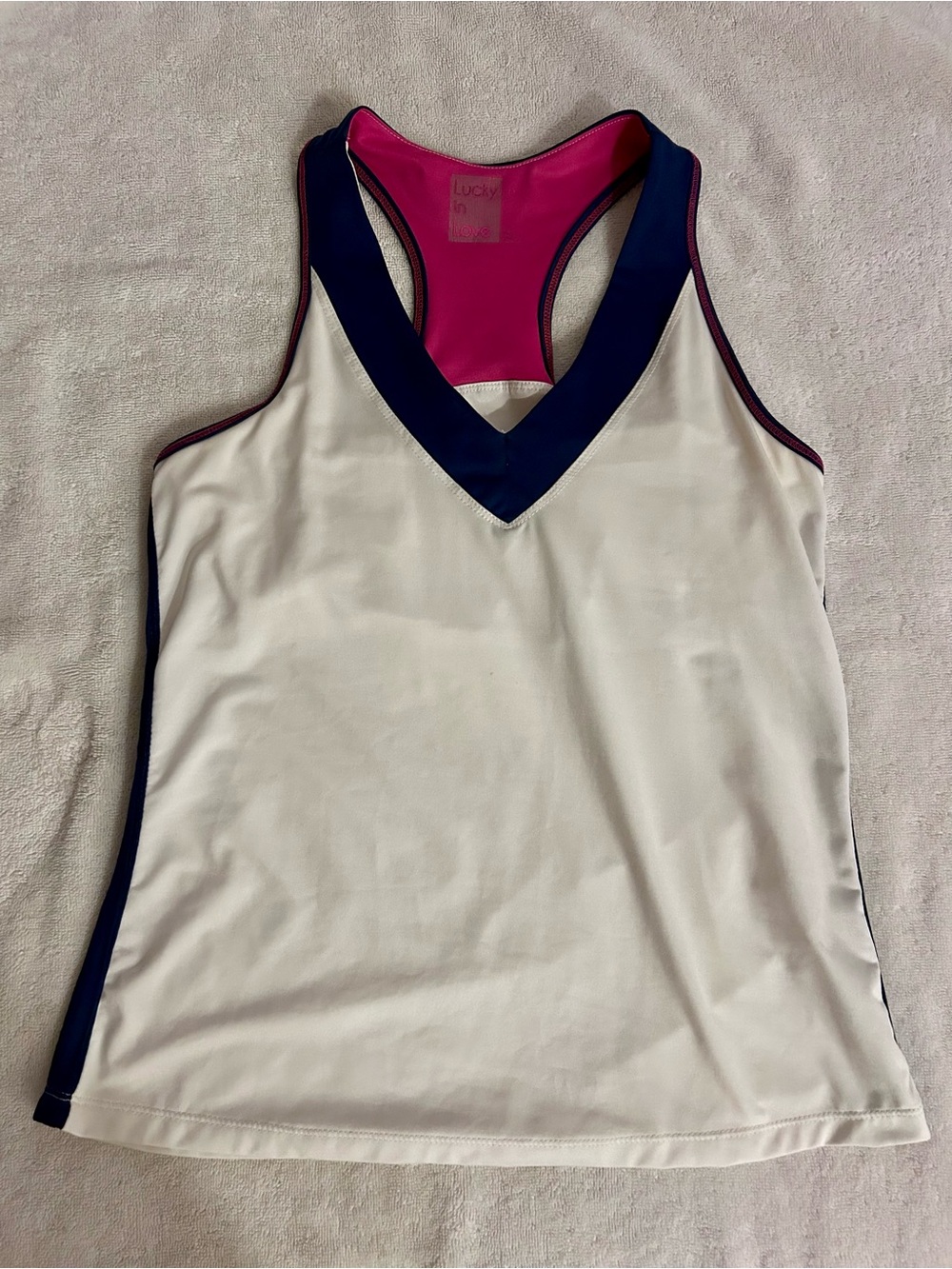 Lucky in Love 
White Racerback Tank with Navy & Pink Trim
